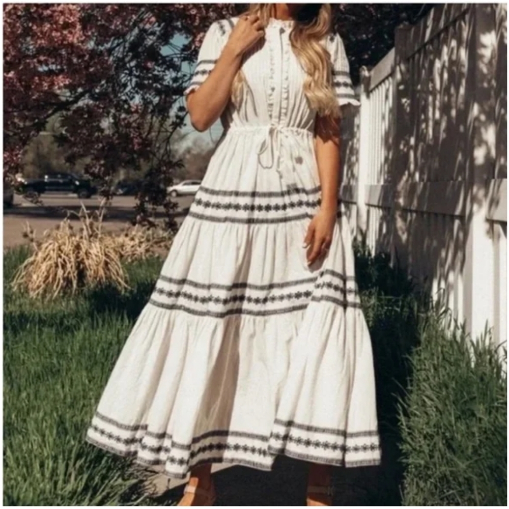 Ivy City Co Santorini White Blue Embroidered Tiered Midi Dress 100% Cotton 2X